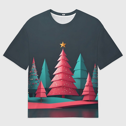 Мужская футболка оверсайз Новогодний ночной лес / 3D-принт – фото 1