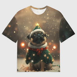 Мужская футболка оверсайз Мопс в костюме елки