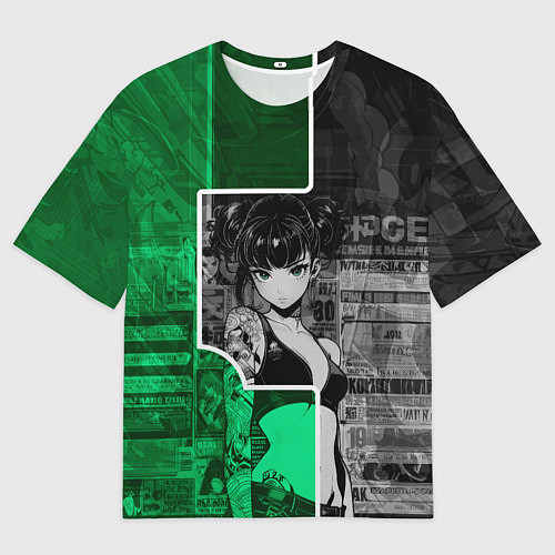 Мужская футболка оверсайз Девушка с татуировками в серо-зелёных тонах / 3D-принт – фото 1