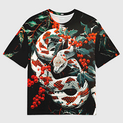 Мужская футболка оверсайз Змея красно-белая и падуб остролистный