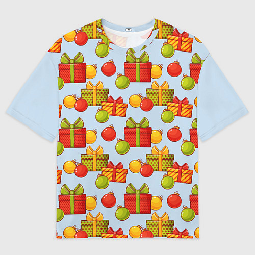 Мужская футболка оверсайз Новогодний паттерн с подарками и ёлочными шариками / 3D-принт – фото 1