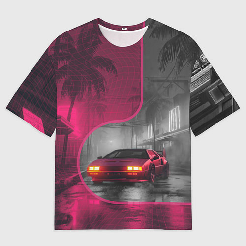 Мужская футболка оверсайз Спорткар в тропическом городе / 3D-принт – фото 1