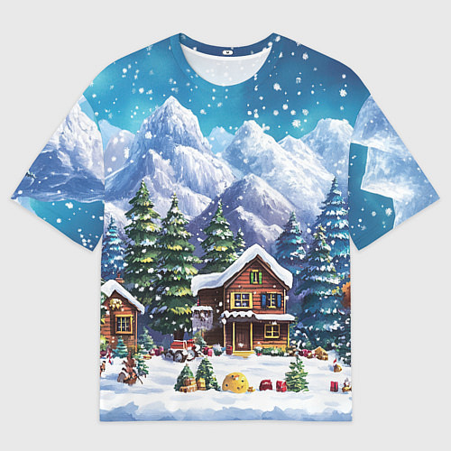 Мужская футболка оверсайз Дома в зимнем новогоднем пейзаже / 3D-принт – фото 1