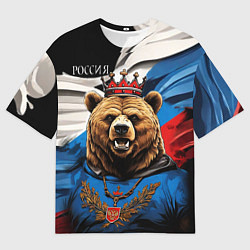 Мужская футболка оверсайз Русский медведь с гербом России на груди на фоне ф