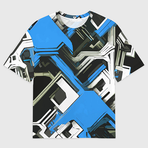 Мужская футболка оверсайз Сине-белый техно паттерн на чёрном фоне / 3D-принт – фото 1