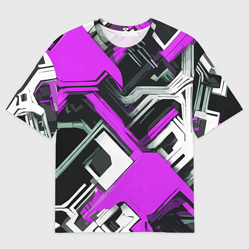 Мужская футболка оверсайз Бело-фиолетовый техно паттерн на чёрном фоне / 3D-принт – фото 1
