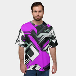 Футболка оверсайз мужская Бело-фиолетовый техно паттерн на чёрном фоне, цвет: 3D-принт — фото 2