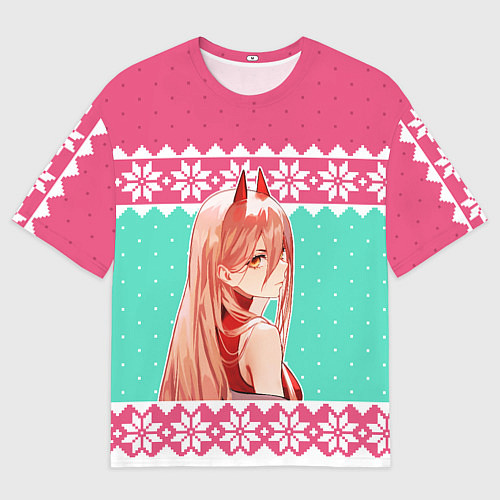 Мужская футболка оверсайз Новогодний свитер Пауэр из Человек-бензопила / 3D-принт – фото 1