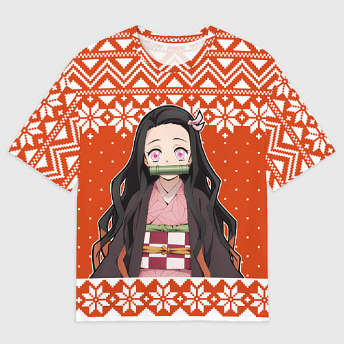 Мужская футболка оверсайз Незуко Комадо свитер новогодний / 3D-принт – фото 1