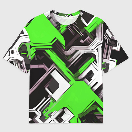 Мужская футболка оверсайз Бело-зелёный техно паттерн на чёрном фоне / 3D-принт – фото 1