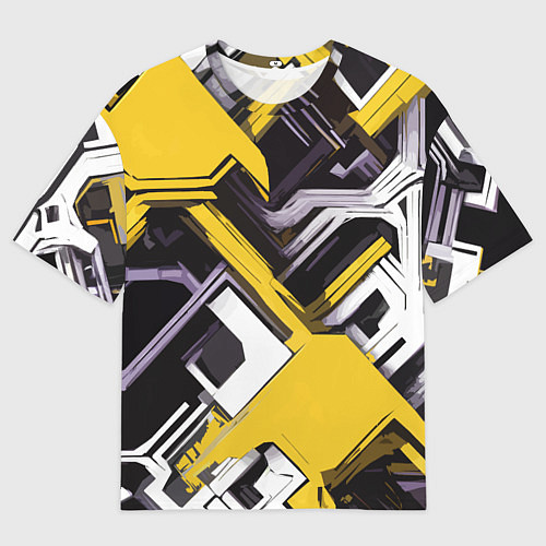 Мужская футболка оверсайз Бело-жёлтый техно паттерн на чёрном фоне / 3D-принт – фото 1