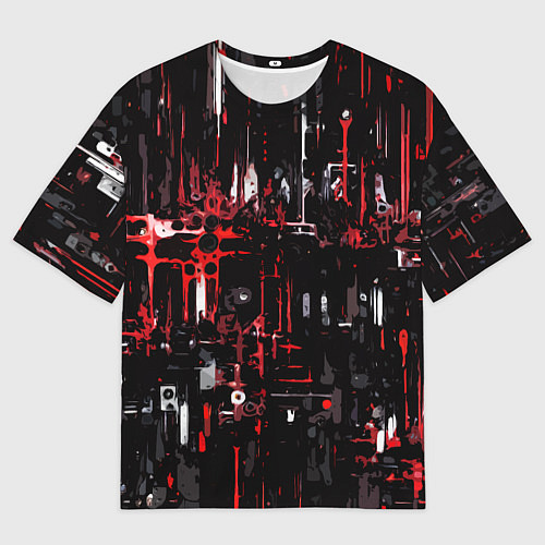 Мужская футболка оверсайз Бело-красная тревожная абстракция на чёрном фоне / 3D-принт – фото 1