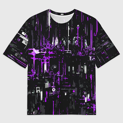 Мужская футболка оверсайз Бело-фиолетовая тревожная абстракция на чёрном фон / 3D-принт – фото 1