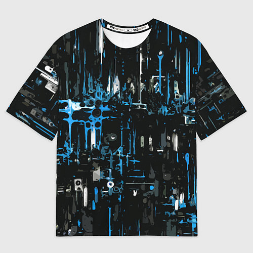 Мужская футболка оверсайз Бело-синяя тревожная абстракция на чёрном фоне / 3D-принт – фото 1
