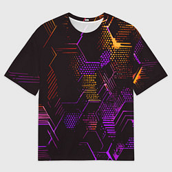 Футболка оверсайз мужская Жёлто-фиолетовые точки и линии на чёрном фоне, цвет: 3D-принт