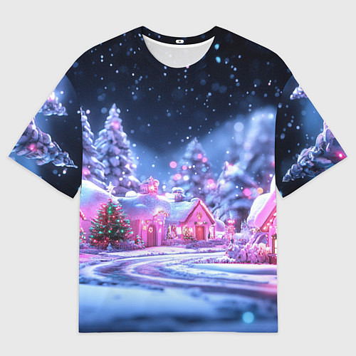 Мужская футболка оверсайз Неоновые новогодние домики / 3D-принт – фото 1