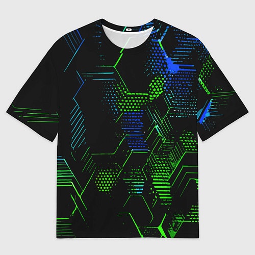 Мужская футболка оверсайз Сине-зелёные точки и линии на чёрном фоне / 3D-принт – фото 1