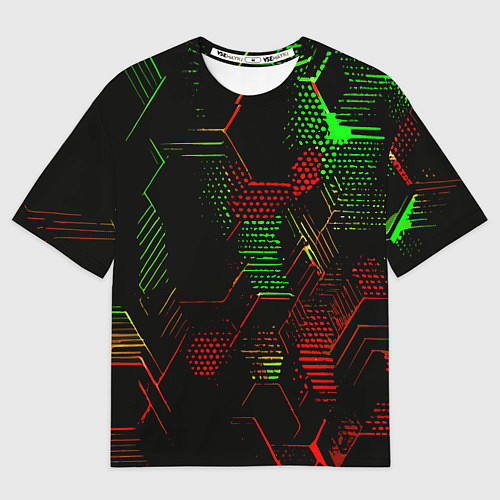 Мужская футболка оверсайз Красно-зелёные точки и линии на чёрном фоне / 3D-принт – фото 1