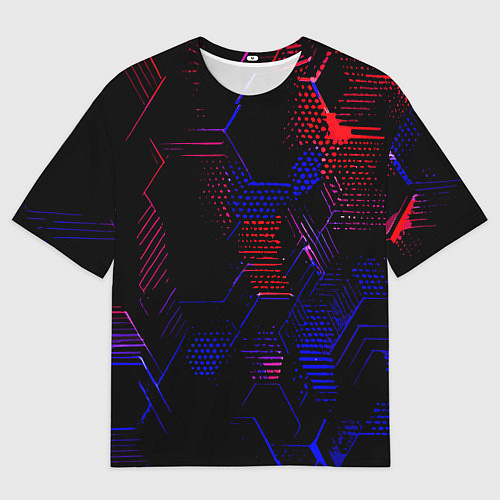 Мужская футболка оверсайз Красно-синие точки и линии на чёрном фоне / 3D-принт – фото 1