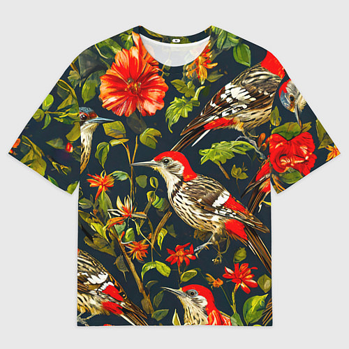 Мужская футболка оверсайз Дятлы и цветочки / 3D-принт – фото 1