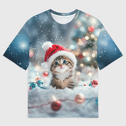 Футболка оверсайз мужская Маленький котенок и елочные игрушки, цвет: 3D-принт