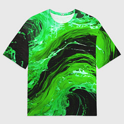 Футболка оверсайз мужская Зелёные брызги на чёрном фоне, цвет: 3D-принт