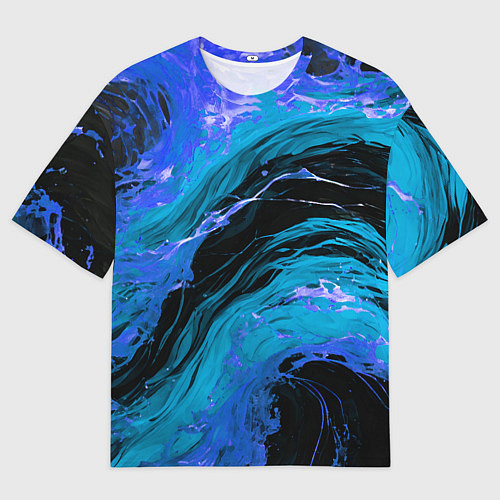 Мужская футболка оверсайз Синие брызги на чёрном фоне / 3D-принт – фото 1