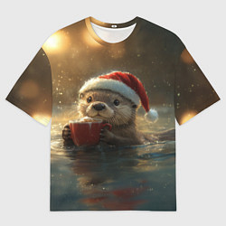 Мужская футболка оверсайз Выдра с кофе на новый год