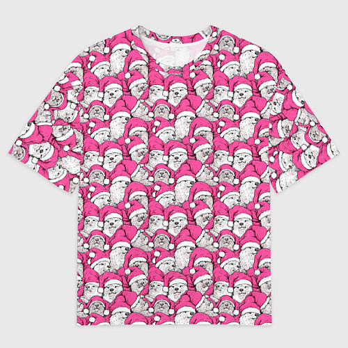 Мужская футболка оверсайз Выдры новогодние в розовых колпаках / 3D-принт – фото 1