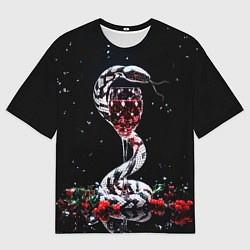 Мужская футболка оверсайз Черно-белая змея с фужером вина и падубом