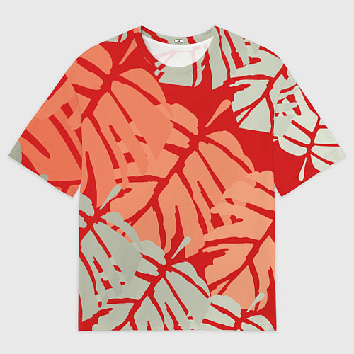 Мужская футболка оверсайз Отпечатки монстеры на красном / 3D-принт – фото 1