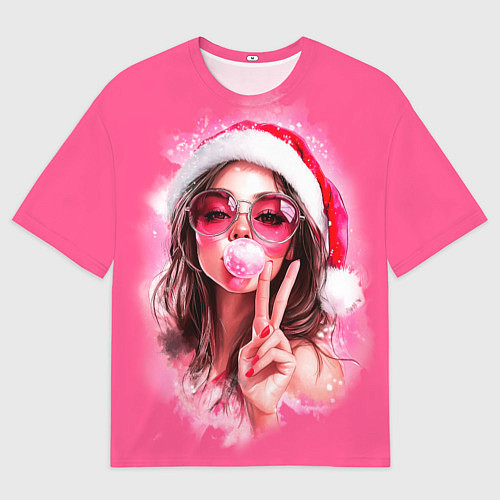 Мужская футболка оверсайз Девушка в шапке Санты надувает жвачку / 3D-принт – фото 1