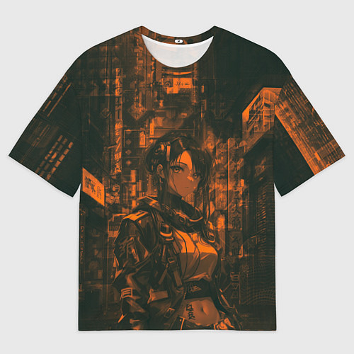 Мужская футболка оверсайз Девушка-андроид зелёно-оранжевых цветах / 3D-принт – фото 1