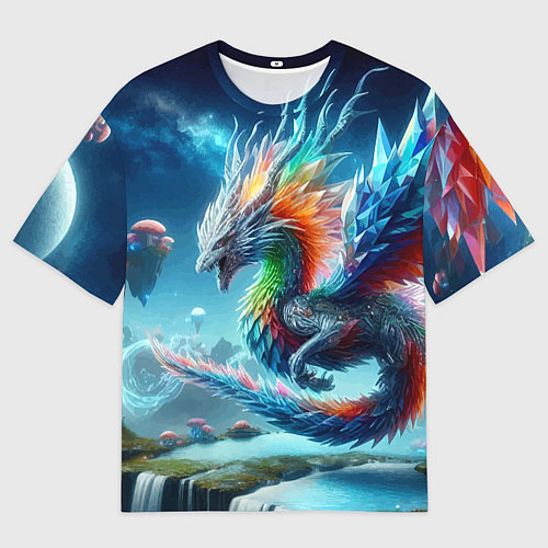 Мужская футболка оверсайз Полигональный дракон на планете водопадов и грибов / 3D-принт – фото 1