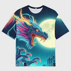 Мужская футболка оверсайз Японский свирепый дракон на фоне луны