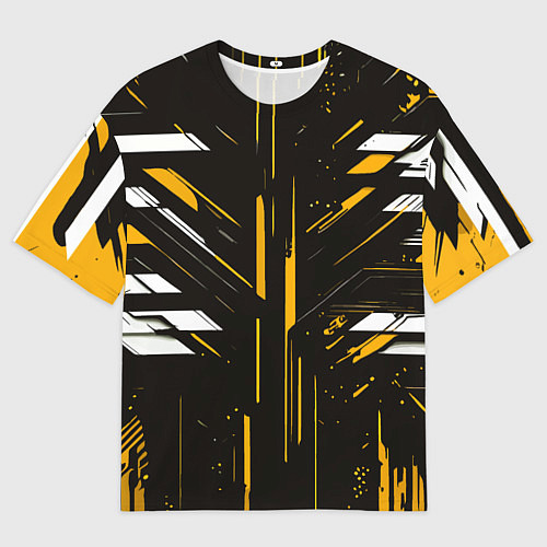 Мужская футболка оверсайз Жёлто-белые полосы и точки на чёрном фоне / 3D-принт – фото 1