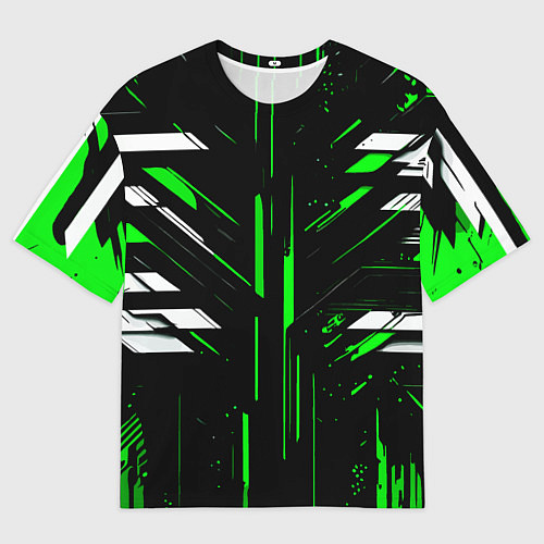 Мужская футболка оверсайз Зелёно-белые полосы и точки на чёрном фоне / 3D-принт – фото 1