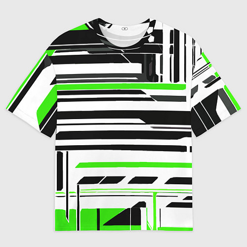 Мужская футболка оверсайз Зелёно-белые технологические линии на чёрном фоне / 3D-принт – фото 1