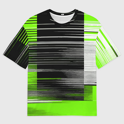 Мужская футболка оверсайз Белые вертикальные полосы на чёрно-зелёном фоне / 3D-принт – фото 1
