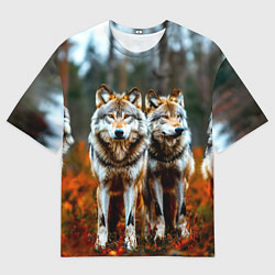 Мужская футболка оверсайз Волки в осеннем лесу