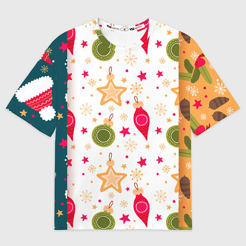 Мужская футболка оверсайз Новогодние паттерны комбинация / 3D-принт – фото 1