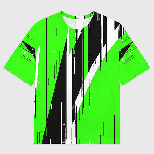 Мужская футболка оверсайз Чёрно-белые вертикальные полосы на зелёном фоне / 3D-принт – фото 1