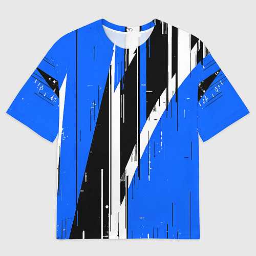 Мужская футболка оверсайз Чёрно-белые вертикальные полосы на синем фоне / 3D-принт – фото 1