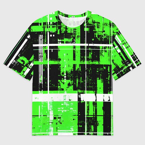 Мужская футболка оверсайз Зелёно-белый гранж на чёрном фоне / 3D-принт – фото 1