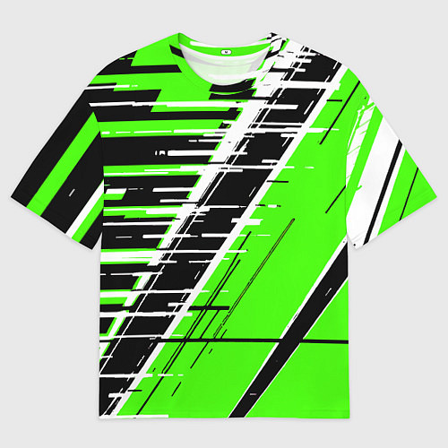 Мужская футболка оверсайз Чёрно-белые глитч полосы на зелёном фоне / 3D-принт – фото 1