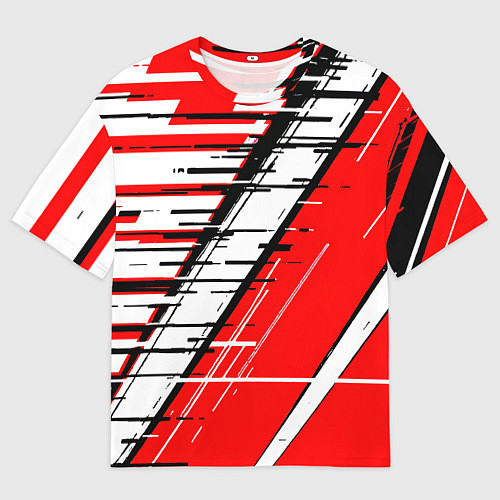 Мужская футболка оверсайз Чёрно-белые глитч полосы на красном фоне / 3D-принт – фото 1