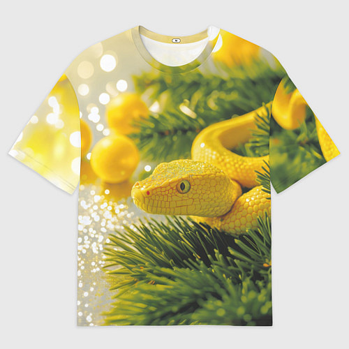 Мужская футболка оверсайз Змея новогодняя лимонного цвета / 3D-принт – фото 1