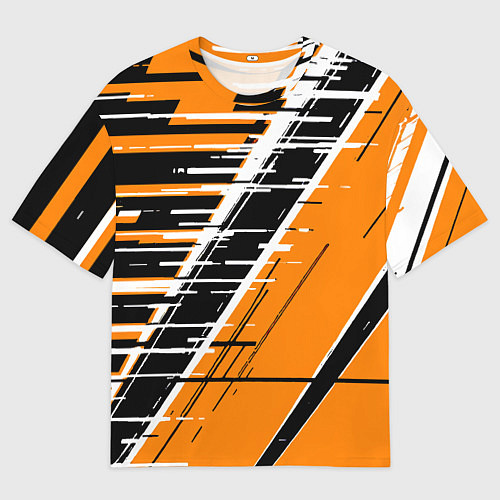 Мужская футболка оверсайз Чёрно-белые глитч полосы на оранжевом фоне / 3D-принт – фото 1