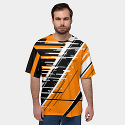 Футболка оверсайз мужская Чёрно-белые глитч полосы на оранжевом фоне, цвет: 3D-принт — фото 2
