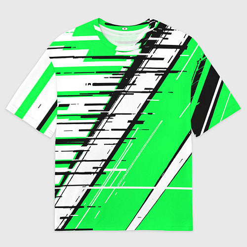 Мужская футболка оверсайз Чёрно-белые глитч полосы на зелёном фоне / 3D-принт – фото 1